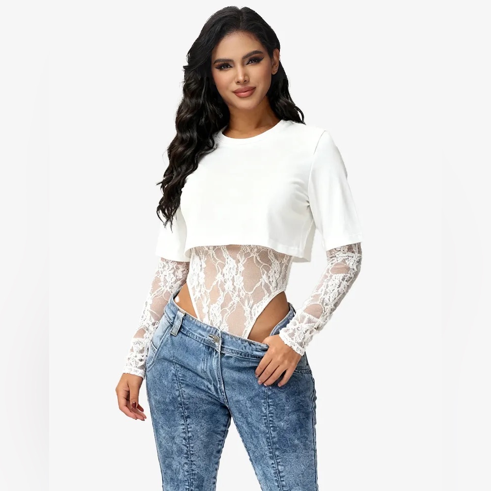 Lace Long Sleeve Bodysuit with Crop Top - Picture 14 of 15